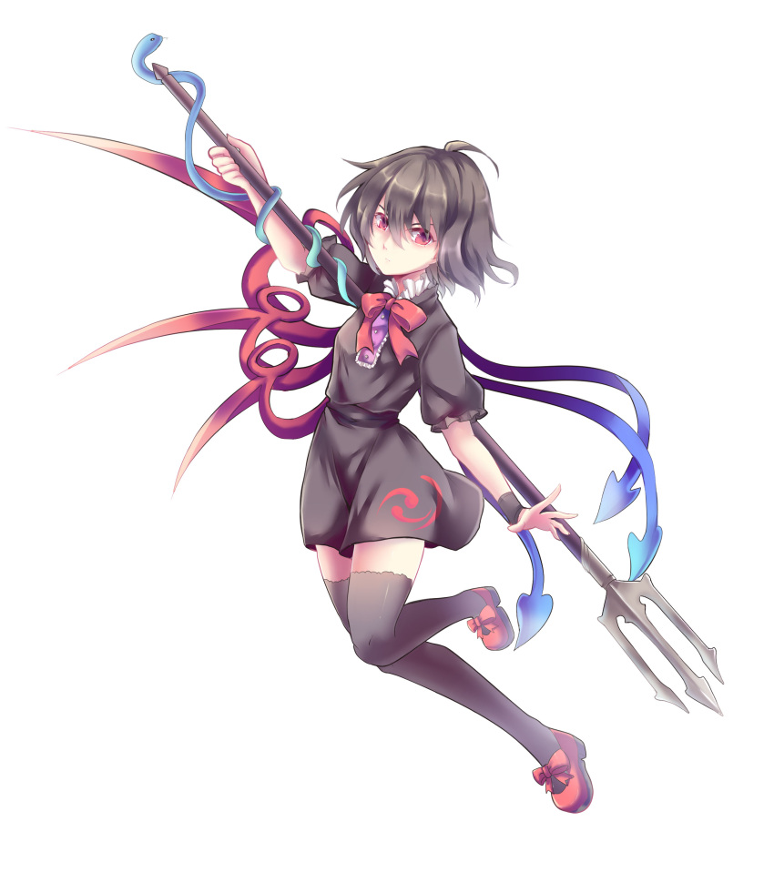 1girl absurdres ahoge asymmetrical_wings bangs black_dress black_hair black_legwear bow bowtie closed_mouth dress full_body highres holding holding_weapon houjuu_nue looking_at_viewer nga_(artist) polearm puffy_short_sleeves puffy_sleeves red_bow red_bowtie red_eyes short_sleeves simple_background snake solo thigh-highs touhou trident weapon white_background wings zettai_ryouiki