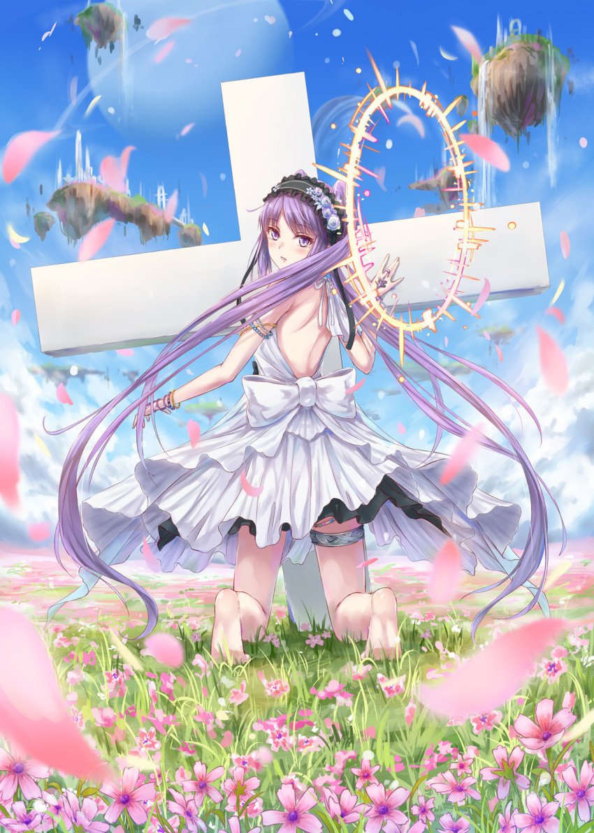 1girl bare_shoulders barefoot blue_sky blush cross day dress euryale fate/grand_order fate/hollow_ataraxia fate_(series) field flower flower_field gohei_(aoi_yuugure) hairband halo headdress highres jewelry kneeling lolita_hairband long_hair looking_at_viewer looking_back nature open_mouth outdoors petals purple_hair siblings sky sleeveless sleeveless_dress solo twintails very_long_hair violet_eyes white_dress