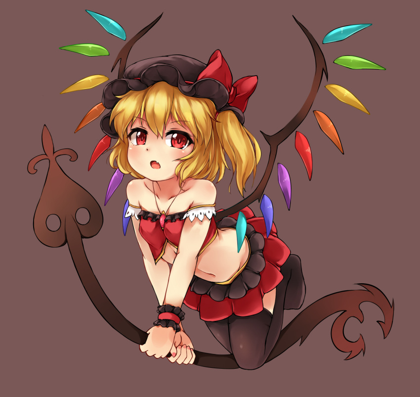 1girl alternate_costume bare_shoulders between_breasts black_hat black_legwear blonde_hair breasts brown_background bushi_(1622035441) fang flandre_scarlet full_body hat hat_ribbon highres holding holding_weapon jewelry laevatein looking_at_viewer miniskirt mob_cap navel necklace pleated_skirt red_eyes red_ribbon red_skirt ribbon simple_background skirt small_breasts solo stomach thigh-highs touhou weapon wings wrist_cuffs