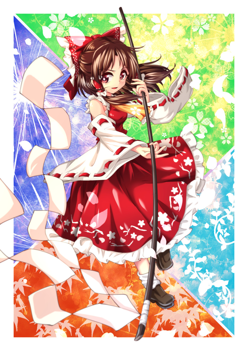 1girl ascot blue_background blush bow breasts brown_background brown_hair brown_shoes commentary_request detached_sleeves floral_background floral_print full_body gohei green_background hair_bow hair_tubes hakurei_reimu highres long_skirt multicolored multicolored_background nomayo orange_background petals purple_background red_eyes red_shirt red_skirt reflective_eyes ribbon-trimmed_sleeves ribbon_trim shiny shiny_hair shirt shoes short_hair skirt small_breasts solo touhou white_legwear wide_sleeves wind