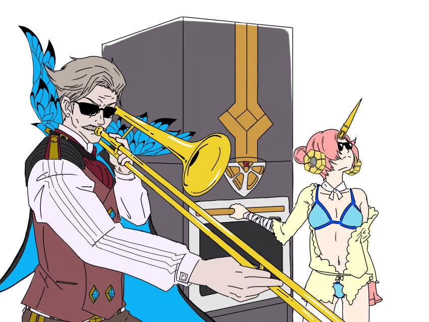 bandage berserker_of_black charles_babbage_(fate/grand_order) facial_hair fate/grand_order fate_(series) frankenstein's_monster_(swimsuit_saber)_(fate) grey_hair highres horn instrument james_moriarty_(fate/grand_order) meme mustache oven parody pink_hair sunglasses swimsuit trombone