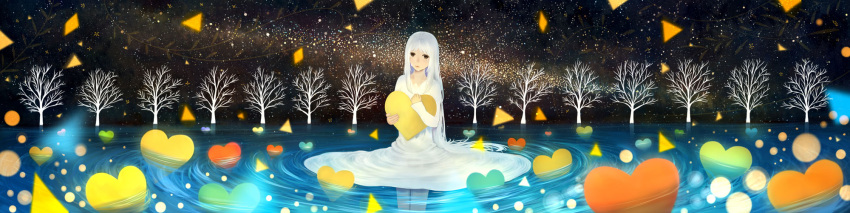 1girl black_eyes closed_mouth commentary_request dress heart highres holding long_hair long_image long_sleeves looking_at_viewer milky_way original scenery sky soaking_feet solo space star_(sky) starry_sky tree very_long_hair water white_dress white_hair wide_image