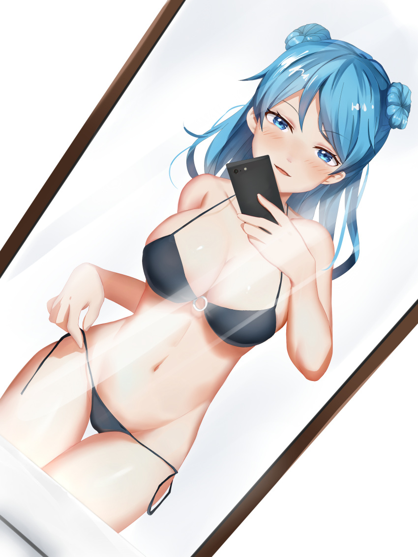 10s 1girl absurdres bangs bare_arms bare_legs bare_shoulders bikini black_bikini blue_eyes blue_hair blush breasts cellphone cellphone_camera cleavage collarbone cowboy_hat cowboy_shot double_bun dymao eyebrows_visible_through_hair hat highres holding holding_phone kantai_collection large_breasts legs_together long_hair looking_at_viewer midriff mirror navel o-ring o-ring_bikini o-ring_top open_mouth phone reflection self_shot shiny shiny_skin short_hair side-tie_bikini smartphone smile solo standing stomach string_bikini swimsuit taking_picture thigh_gap untied untied_bikini urakaze_(kantai_collection)