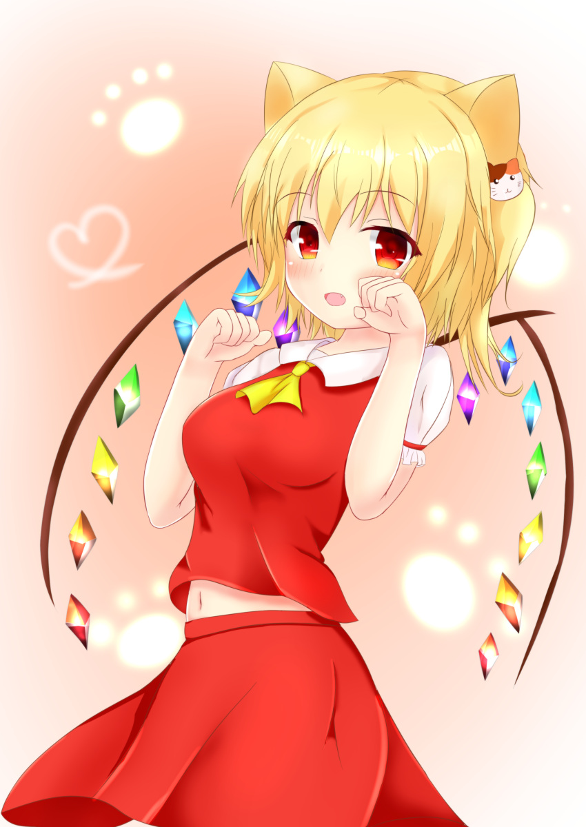 1girl absurdres animal_ears ascot blonde_hair blush breasts cat_ears cat_hair_ornament fang flandre_scarlet hair_ornament highres kurenai_(anohitop) looking_at_viewer medium_breasts navel open_mouth puffy_short_sleeves puffy_sleeves red_eyes red_shirt red_skirt shirt short_hair short_sleeves side_ponytail skirt skirt_set solo touhou wings