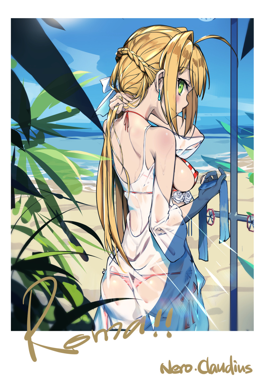 1girl ahoge alternate_hairstyle ass back bangs bare_arms bare_shoulders bikini blonde_hair blue_sky blush breasts character_name closed_mouth clouds cloudy_sky commentary_request cowboy_shot day earrings erect_nipples eyebrows_visible_through_hair eyelashes fate/extra fate/grand_order fate_(series) from_behind glint green_eyes hair_down hair_intakes halter_top halterneck hand_in_hair hands_up highres jewelry legs_together long_hair looking_at_viewer looking_back lu" medium_breasts nape nero_claudius_(swimsuit_caster)_(fate) ocean outdoors profile saber_extra see-through shoulder_blades side-tie_bikini sideboob sidelocks sky smile solo standing striped striped_bikini swimsuit thigh_gap water