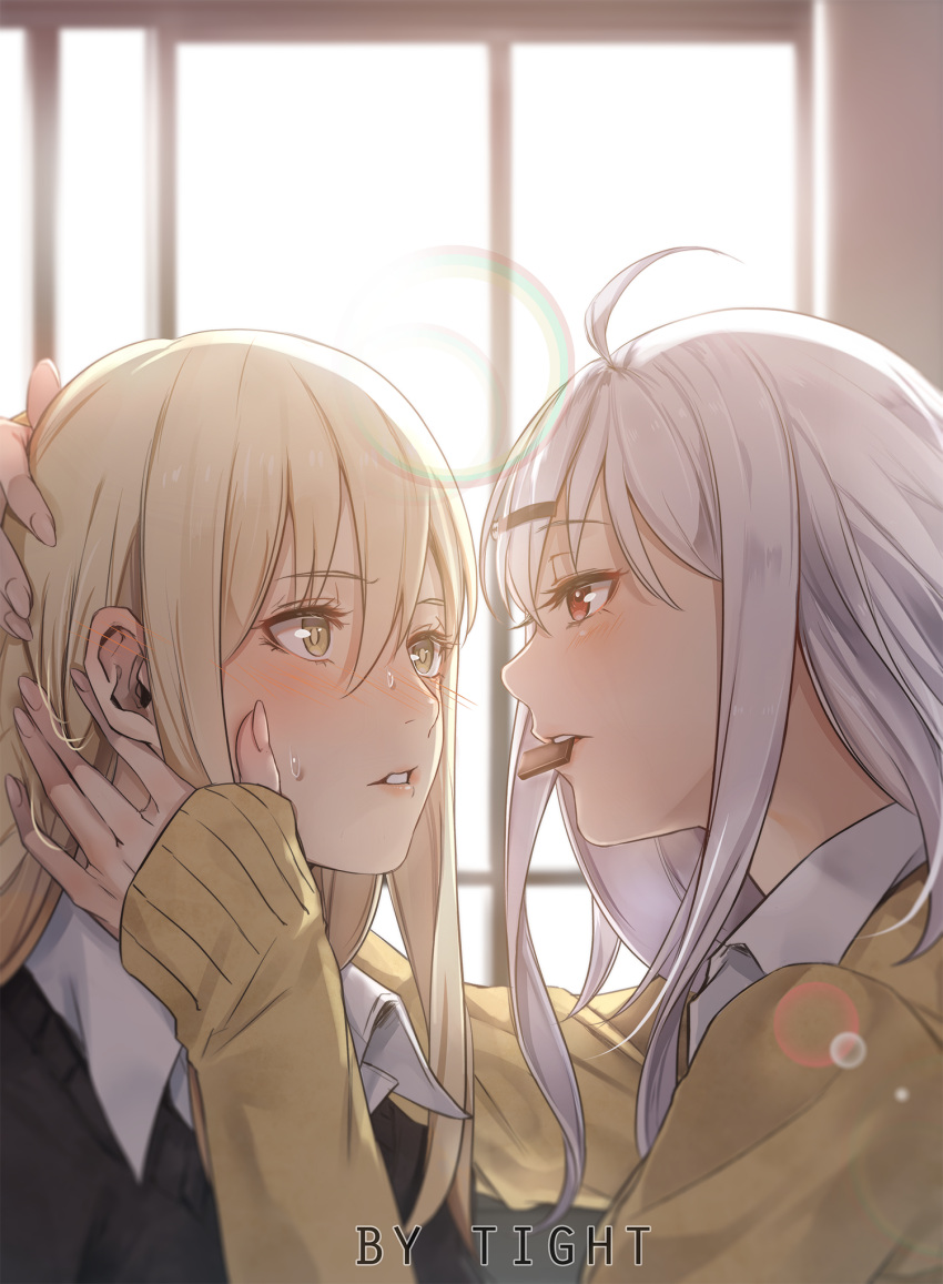2girls ahoge artist_name backlighting bangs black_sweater blonde_hair blush chocolate collared_shirt commentary_request day eye_contact eyebrows_visible_through_hair face-to-face fingernails food_in_mouth hair_between_eyes hair_ornament hairclip half-closed_eyes hand_on_another's_cheek hand_on_another's_face hand_on_another's_head highres indoors lens_flare long_hair long_sleeves looking_at_another mouth_hold mr.tight multiple_girls original parted_lips red_eyes school_uniform shirt sidelocks silver_hair sunlight sweat sweater upper_body white_shirt window yellow_eyes yellow_sweater yuri