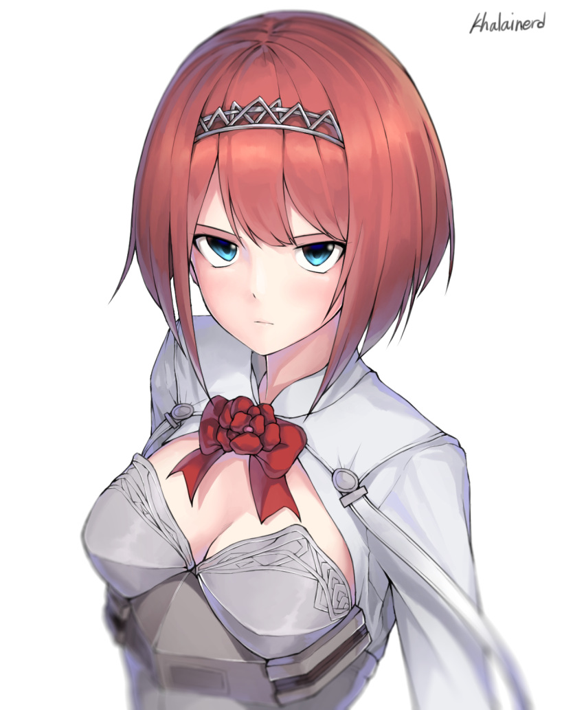 10s 1girl ark_royal_(kantai_collection) artist_name bangs blue_eyes blunt_bangs bob_cut bow breasts cleavage_cutout flower hairband highres kagi_f kantai_collection looking_at_viewer red_bow redhead rose short_hair simple_background small_breasts solo tiara upper_body white_background