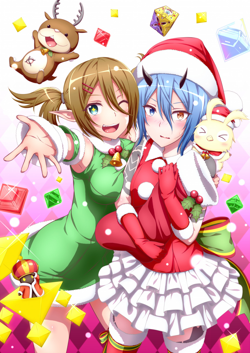 &gt;_&lt; +_+ 2girls ;d animal animal_on_shoulder bakuchiku bangs bell bird bird_on_shoulder blue_eyes blue_hair blush breasts brown_hair christmas creature deer dress eyebrows eyelashes fur-trimmed_gloves fur_hat fur_trim gloves gradient gradient_background green_dress green_eyes hair_between_eyes hair_ornament hairclip hat heterochromia highres holding horns io_(pso2) looking_at_viewer medium_breasts midriff multiple_girls one_eye_closed open_mouth patty_(pso2) phantasy_star phantasy_star_online_2 pink_background pointy_ears rappy red_dress red_gloves red_hat red_legwear reindeer santa_costume santa_hat short_hair smile standing stuffed_animal stuffed_reindeer stuffed_toy teeth thigh-highs tongue toy twintails upper_body upper_teeth wavy_mouth white_background