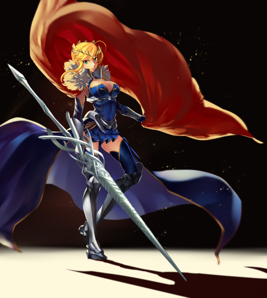 1girl absurdres ahoge armor artist_request artoria_pendragon_(all) artoria_pendragon_(lancer) black_background blonde_hair blue_legwear breasts cape cleavage crown fate/grand_order fate_(series) flag full_body fur_trim gauntlets greaves green_eyes highres holding holding_weapon lance large_breasts pauldrons polearm simple_background skirt solo thigh-highs weapon