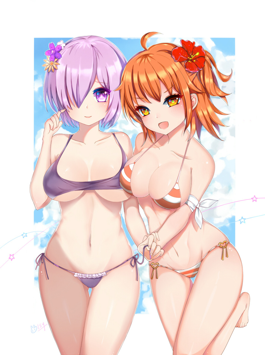 2girls :d ahoge armband artist_name bangs bare_arms bare_legs bare_shoulders barefoot blush breasts breasts_apart cleavage collarbone commentary_request cowboy_shot eyebrows_visible_through_hair eyelashes fate/grand_order fate_(series) feet flower fujimaru_ritsuka_(female) groin hair_flower hair_ornament hair_over_one_eye hand_to_head hibiscus highres holding_strap isy large_breasts leg_up legs_together looking_at_viewer medium_breasts midriff multiple_girls nail_polish navel one_leg_raised open_mouth orange_eyes orange_flower orange_hair orange_nails purple_flower purple_hair red_flower shielder_(fate/grand_order) short_hair side_ponytail smile standing standing_on_one_leg stomach thigh_gap toenail_polish toenails toes violet_eyes