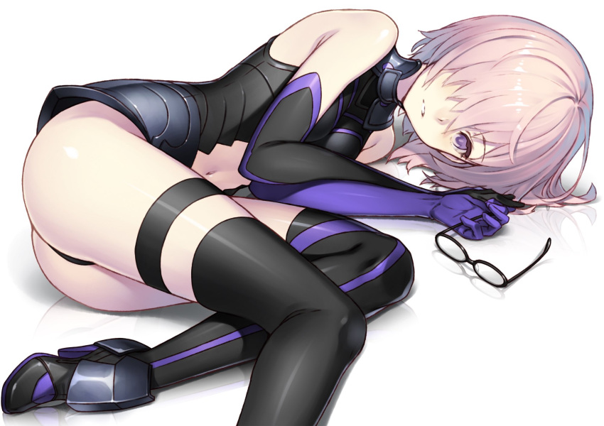1girl armor black-framed_eyewear black_legwear boots breasts elbow_gloves fate/grand_order fate_(series) glasses glasses_removed gloves hair_over_one_eye highres impossible_clothes impossible_leotard lasa_(lasa1116) leotard looking_at_viewer lying medium_breasts navel navel_cutout on_side parted_lips pink_hair reflective_floor shielder_(fate/grand_order) short_hair solo thigh-highs thigh_boots turtleneck violet_eyes