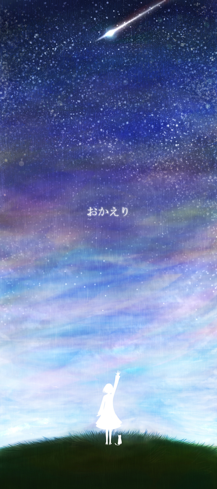 1girl absurdres arm_up blue_sky cat commentary_request day_and_night grass highres hill long_sleeves night night_sky original scenery shooting_star short_hair sky standing star_(sky) starry_sky translated