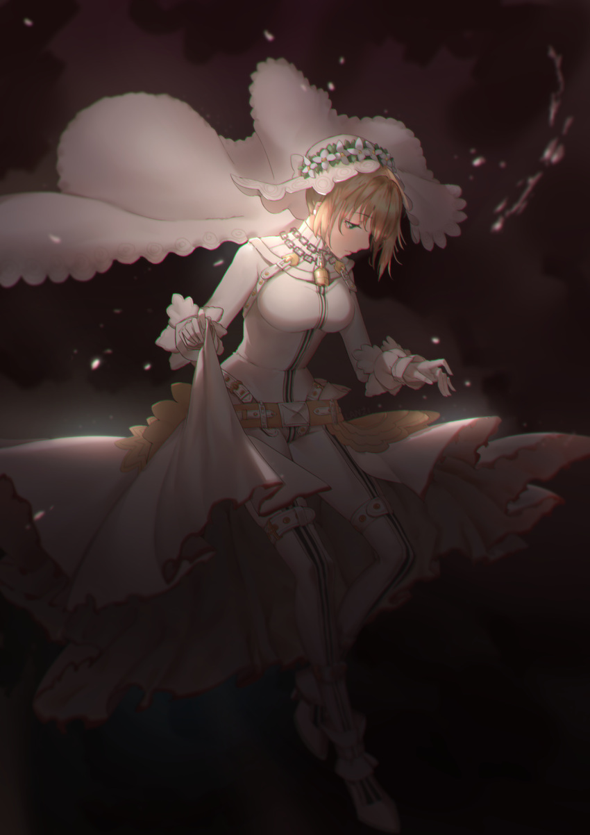 1girl bodysuit boots braid breasts bridal_veil chains fate/grand_order fate_(series) french_braid gloves green_eyes highres lanzi_(415460661) large_breasts saber_bride saber_extra solo veil white_gloves