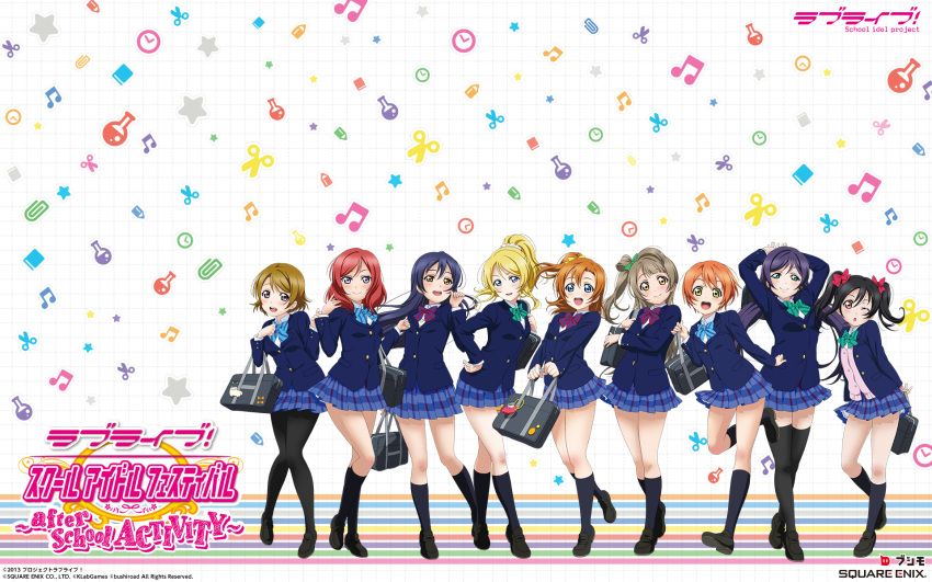 6+girls artist_request ayase_eli bag bangs black_legwear blazer blue_bow blue_bowtie blue_eyes blush bow bowtie cardigan copyright_name green_bow green_bowtie highres hoshizora_rin jacket kneehighs koizumi_hanayo kousaka_honoka loafers long_hair long_sleeves looking_at_viewer love_live! love_live!_school_idol_festival love_live!_school_idol_festival_after_school_activity love_live!_school_idol_project minami_kotori multiple_girls nishikino_maki official_art one_eye_closed one_side_up open_mouth orange_hair otonokizaka_school_uniform pantyhose plaid plaid_skirt pleated_skirt red_bow red_bowtie school_bag school_uniform shoes short_hair skirt smile sonoda_umi striped striped_bow striped_bowtie thigh-highs toujou_nozomi twintails violet_eyes wallpaper yazawa_nico zettai_ryouiki