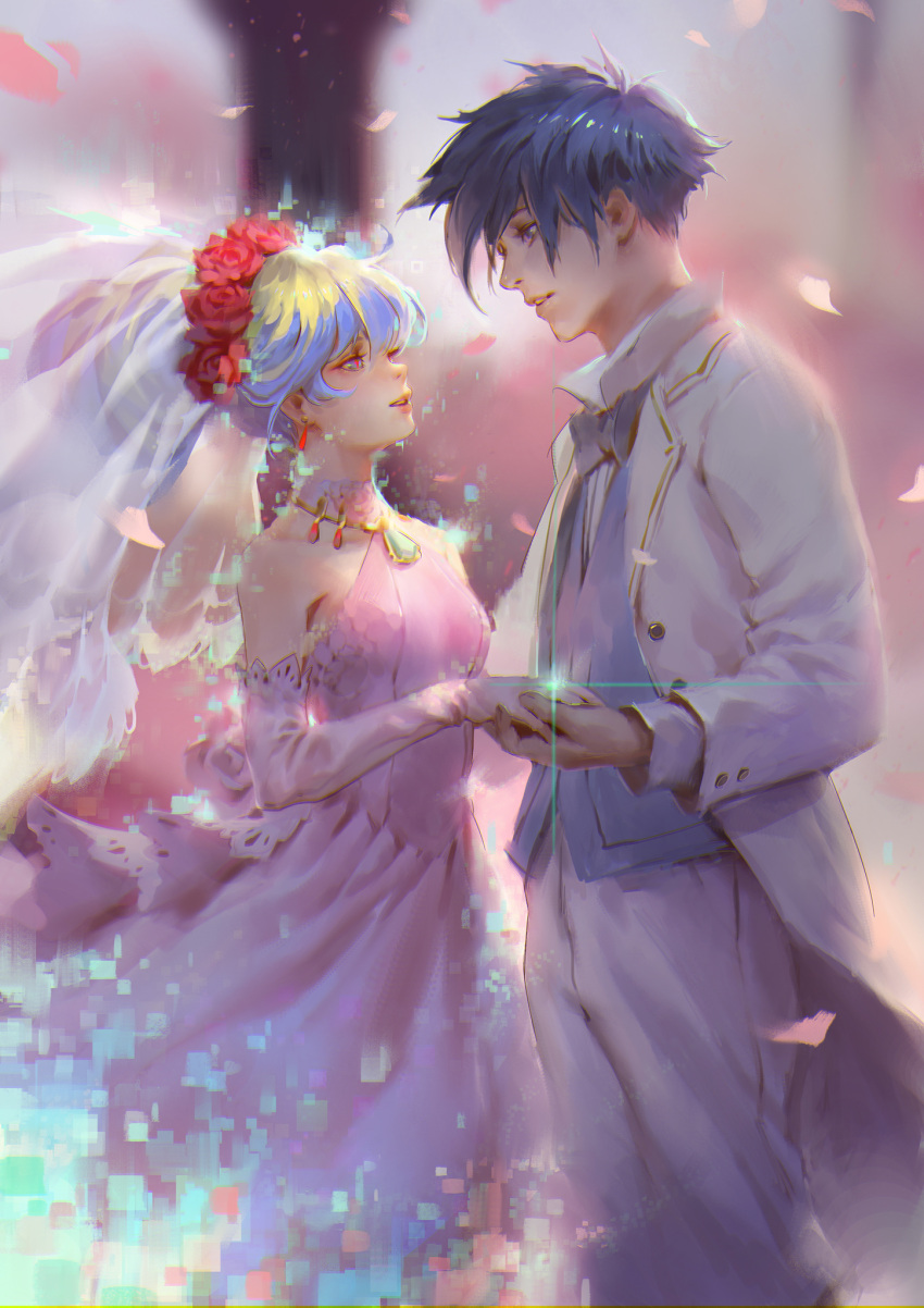1boy 1girl bare_shoulders blue_eyes blue_hair blurry blurry_background breasts bridal_gauntlets bridal_veil cherry_blossoms dress earrings elbow_gloves feet_out_of_frame flower formal gloves hand_holding hand_on_another's_hand head_wreath highres jewelry lips long_hair long_sleeves looking_at_another medium_breasts necklace nia_teppelin pants parted_lips pink_dress pink_wedding_dress qmo_(chalsoma) red_pupils ring rose silver_hair simon suit symbol-shaped_pupils tengen_toppa_gurren_lagann veil wedding_band wedding_dress white_pants white_suit