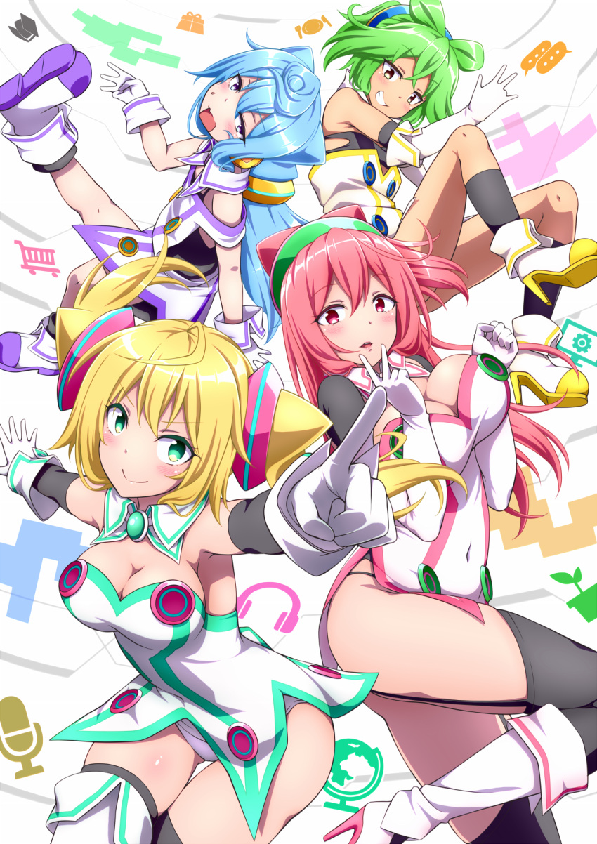 1boy 3girls :d :o ahoge armpits arms_up bakuchiku bangs bare_shoulders black_gloves black_legwear blonde_hair blue_hair blush boots bra breasts brown_eyes cleavage clenched_hand clenched_teeth closed_mouth collar covered_navel crossed_bangs dark_skin detached_collar dress elbow_gloves eyebrows eyebrows_visible_through_hair eyelashes full_body garter_straps gloves green_eyes green_hair grin hacka_doll hacka_doll_1 hacka_doll_2 hacka_doll_3 hacka_doll_4 hair_between_eyes hair_ornament hairband high_heel_boots high_heels highres kneehighs large_breasts long_hair looking_at_viewer male_focus medium_breasts midriff multicolored_eyelashes multiple_girls naughty_face navel open_mouth panties parted_lips pink_eyes pink_hair pointing pointing_at_viewer shiny shiny_hair shoes short_hair simple_background sitting small_breasts smile standing sweat sweatdrop teeth thigh-highs thigh_boots trap twintails underwear v very_long_hair violet_eyes wavy_mouth white_background white_gloves white_panties white_shoes