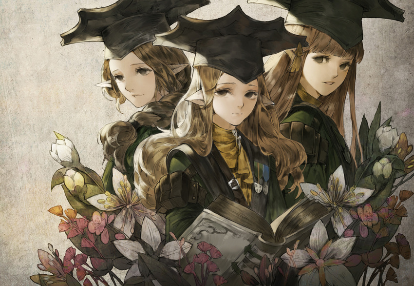 3girls baiguiyu bangs black_eyes blunt_bangs book braid brown_hair closed_mouth expressionless final_fantasy final_fantasy_xiv flower green_jacket grey_background hat jacket light_smile long_hair looking_at_viewer looking_away looking_back looking_to_the_side medal multiple_girls open_book parted_lips pointy_ears pouch shirt yellow_shirt