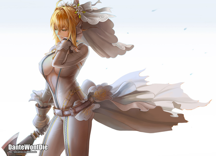 1girl artist_name belt blonde_hair bodysuit breasts cleavage dantewontdie fate/extra fate/extra_ccc fate_(series) flower gloves green_eyes hair_flower hair_ornament saber_bride saber_extra short_hair simple_background solo watermark weapon web_address zipper