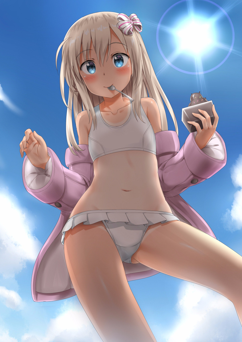 10s 1girl absurdres bare_legs bikini blonde_hair blue_eyes blue_sky blush bow bowtie collarbone food gluteal_fold groin hair_between_eyes hair_ribbon highres ice_cream jacket kantai_collection long_hair looking_at_viewer navel nedia_(nedia_region) one-piece_tan pink_jacket ribbon ro-500_(kantai_collection) sky spoon spoon_in_mouth sprinkles sun swimsuit tan tanline