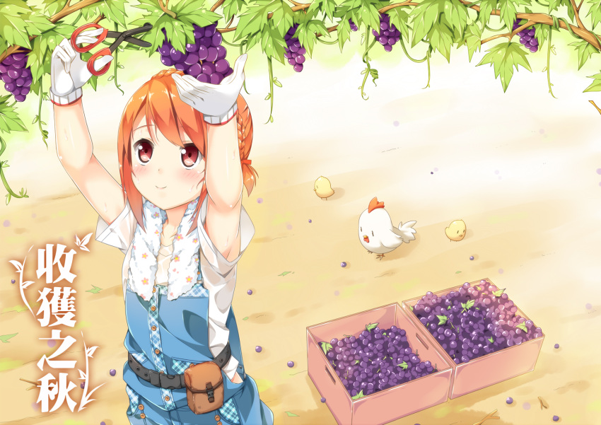 1girl armpit_peek armpits arms_up bare_arms belt belt_pouch bird black_belt blush box braid branch chick chicken collarbone commentary_request cowboy_shot crown_braid day floral_print food fruit gloves grape_vine grapes hair_ribbon harvest hatsunatsu highres holding holding_fruit holding_scissors leaf looking_up orange_hair original outdoors overalls plaid plant print_towel red_eyes red_ribbon ribbon scissors shirt short_sleeves sidelocks smile solo standing stick suspenders sweat tareme towel towel_around_neck translation_request utility_belt vines wet wet_clothes wet_shirt white_gloves white_shirt white_towel