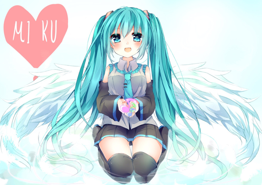 1girl :d bangs black_legwear blue_eyes blue_hair blue_necktie blush character_name detached_sleeves eyebrows_visible_through_hair flower hair_between_eyes hatsune_miku heart highres holding karasusou_nano long_hair long_sleeves looking_at_viewer musical_note necktie open_mouth pleated_skirt quaver seiza sitting skirt smile solo thigh-highs thigh_gap twintails very_long_hair vocaloid water white_wings wings zettai_ryouiki