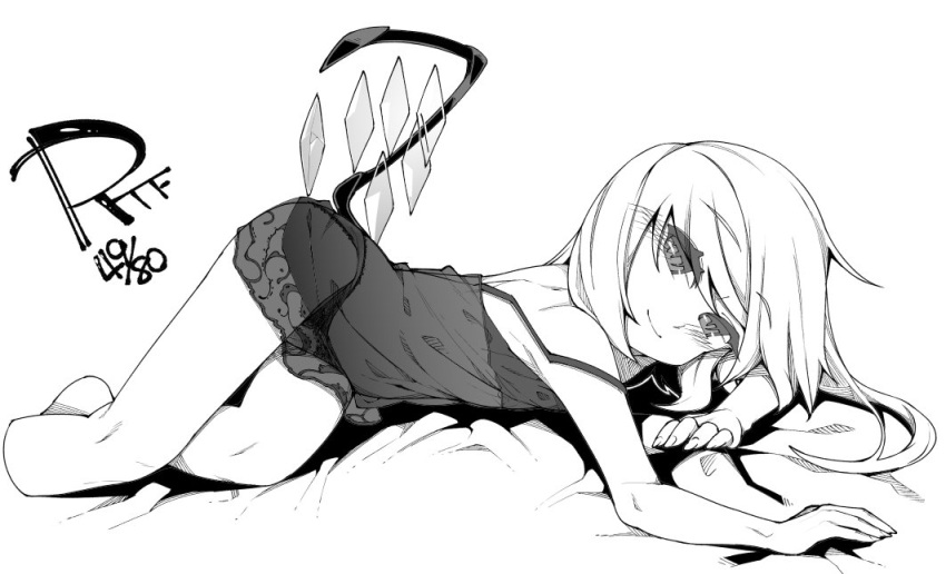 1girl babydoll bangs bed_sheet blush closed_mouth eyebrows_visible_through_hair flandre_scarlet greyscale looking_at_viewer lying monochrome no_hat no_headwear on_side panties shamo_(koumakantv) sheer_clothes simple_background smile solo strap_slip touhou underwear white_background