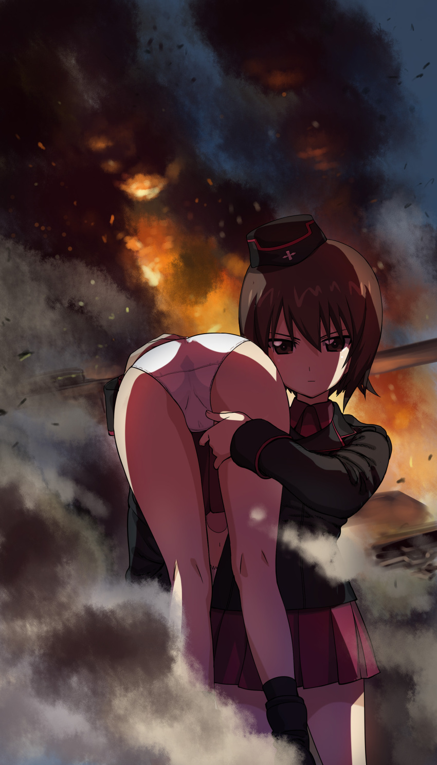 2girls a1 absurdres agent_aika blazer brown_eyes brown_hair carrying closed_mouth cowboy_shot eyebrows_visible_through_hair fire garrison_cap girls_und_panzer ground_vehicle hand_on_another's_thigh hat highres itsumi_erika jacket kuromorimine_military_uniform long_sleeves looking_at_viewer military military_vehicle motor_vehicle multiple_girls nishizumi_maho open_mouth panties parody pleated_skirt red_skirt short_hair shoulder_carry skirt smoke tank underwear white_panties