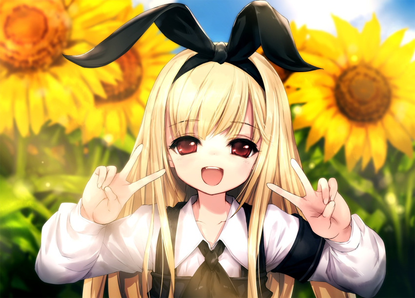 1girl armband blonde_hair double_v flower hairband highres hitomaru long_hair looking_at_viewer open_mouth original red_eyes smile solo sunflower v