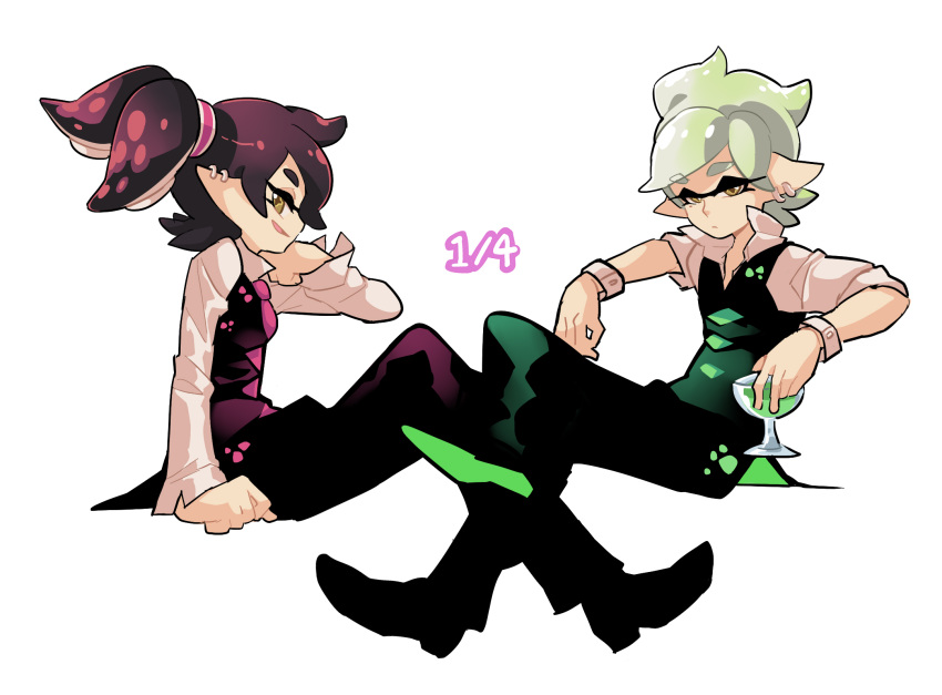 +_+ 2boys adapted_costume alternate_hairstyle aori_(splatoon) black_hair black_pants black_shoes black_vest brown_eyes closed_mouth cousins cup dated domino_mask dress_shirt drinking_glass from_side full_body genderswap genderswap_(ftm) grey_hair highres holding hotaru_(splatoon) invisible_chair light_frown looking_at_viewer looking_back male mask mole mole_under_eye multiple_boys necktie pants parted_lips pointy_ears popped_collar red_necktie scrunchie shirt shoes short_hair simple_background sitting sleeves_rolled_up smile splatoon tentacle_hair topknot vest white_background white_shirt wine_glass wong_ying_chee