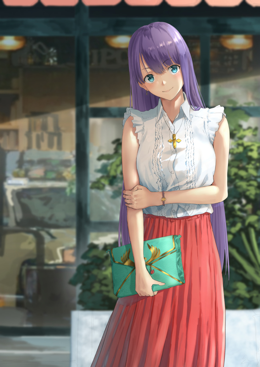 1girl blue_eyes blush bracelet breasts casual closed_mouth contemporary cross cross_necklace earrings eyebrows_visible_through_hair fate/grand_order fate_(series) highres jewelry k_ryo large_breasts long_hair looking_at_viewer necklace purple_hair red_skirt saint_martha skirt smile solo