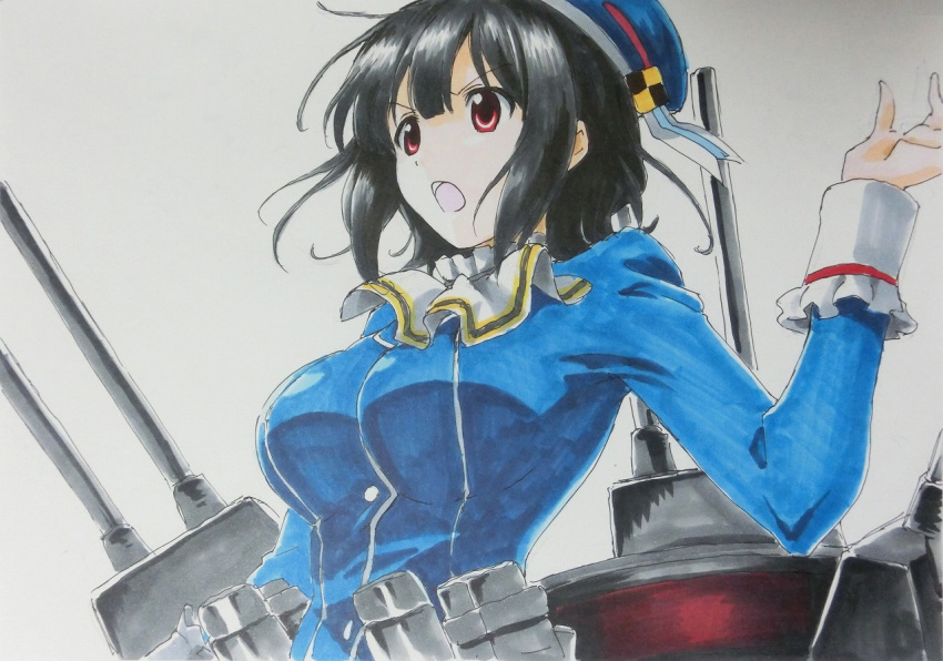 10s 1girl beluo77 beret black_hair breasts cannon hat jacket kantai_collection large_breasts marker_(medium) military military_uniform open_mouth red_eyes short_hair solo takao_(kantai_collection) traditional_media turret uniform