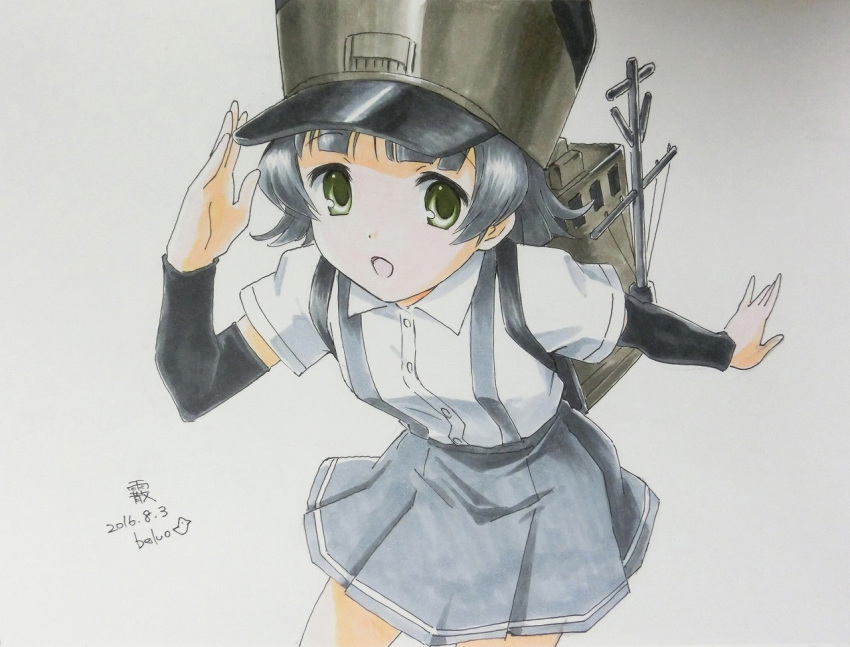 10s 1girl arare_(kantai_collection) artist_name backpack bag beluo77 black_hair brown_eyes dated hat kantai_collection looking_at_viewer marker_(medium) open_mouth randoseru salute school_uniform shirt short_hair short_sleeves skirt smile solo suspenders traditional_media white_shirt