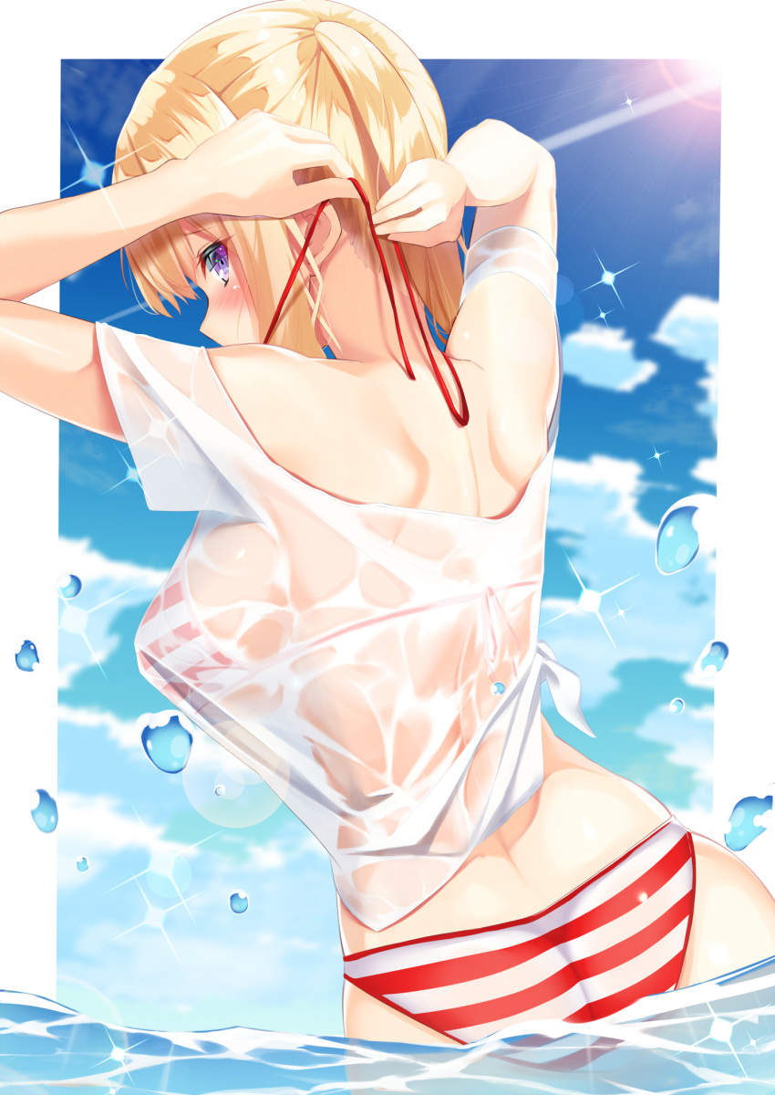 10s 1girl arms_up bangs bikini blonde_hair blue_sky blush breasts closed_mouth clouds cloudy_sky day dutch_angle eyebrows_visible_through_hair from_behind graf_zeppelin_(kantai_collection) halter_top halterneck highres kantai_collection large_breasts long_hair looking_back mirea outdoors partially_submerged profile red_bikini see-through shirt sideboob sidelocks sky solo sparkle striped striped_bikini sunlight swimsuit tied_shirt twintails tying tying_hair untied untied_bikini violet_eyes white_bikini