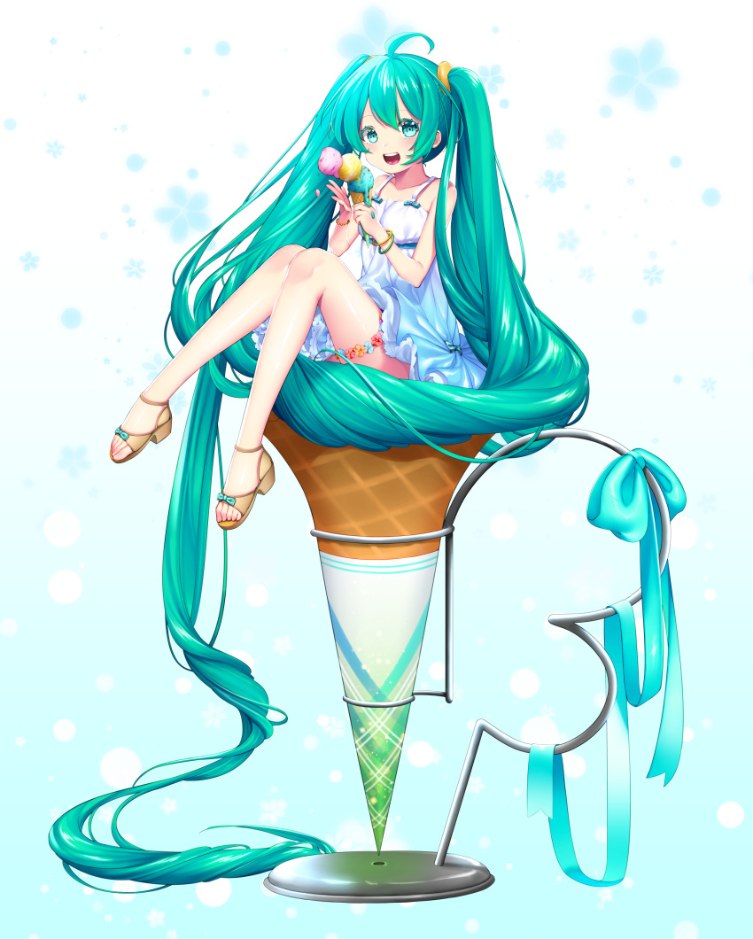 1girl :d absurdly_long_hair absurdres aqua_eyes aqua_hair bracelet dress flower food hatsune_miku highres ice_cream ice_cream_cone in_food jewelry long_hair looking_at_viewer minigirl open_mouth sandals smile solo twintails very_long_hair vocaloid white_dress yoridoriyk