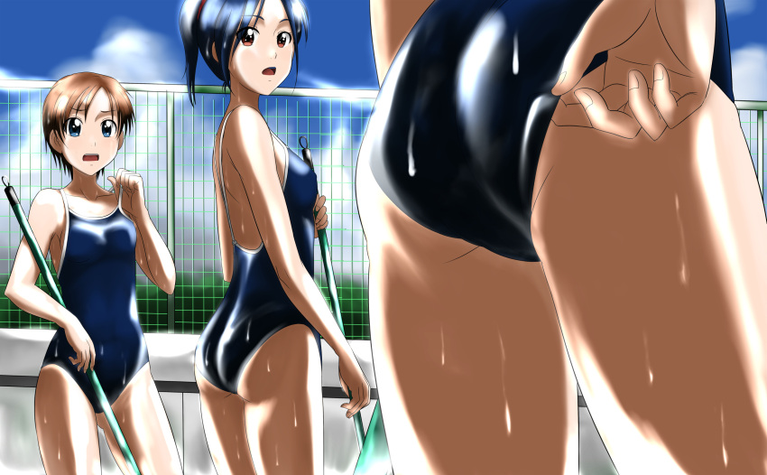 3girls adjusting_clothes adjusting_swimsuit ass bangs black_hair blue_eyes blue_swimsuit broom brown_hair close-up clouds cloudy_sky commentary_request cowboy_shot day empty_pool fence highres holding hot kakkii long_hair looking_at_another multiple_girls one-piece_swimsuit open_mouth original outdoors red_eyes school_swimsuit short_hair sky standing sweat sweating sweating_profusely swimsuit wet wet_clothes