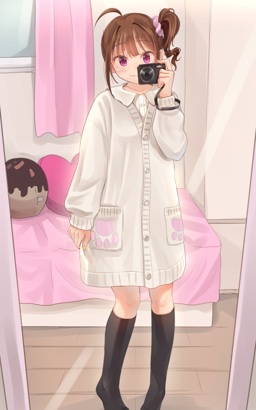 10s 1girl absurdres ahoge black_legwear blush brown_hair camera closed_mouth drill_hair eyebrows_visible_through_hair highres holding holding_camera idolmaster idolmaster_million_live! kamille_(vcx68) kneehighs long_sleeves looking_at_mirror looking_at_viewer mirror short_hair smile solo violet_eyes yokoyama_nao