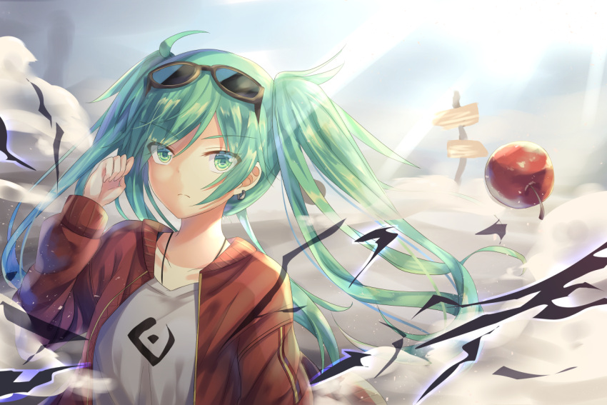 1girl apple blue_eyes blue_hair blush closed_mouth collarbone earrings eyebrows_visible_through_hair food fruit hatsune_miku jewelry long_hair looking_at_viewer nagare_yoshimi solo suna_no_wakusei_(vocaloid) sunglasses sunglasses_on_head twintails upper_body vocaloid