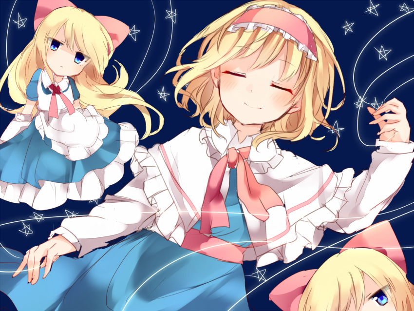 3girls alice_margatroid apron bangs blonde_hair blue_background blue_eyes blush bow capelet closed_eyes closed_mouth eyebrows_visible_through_hair hair_bow hairband hand_up karasusou_nano long_hair looking_at_viewer multiple_girls red_bow shanghai_doll short_hair short_sleeves star touhou waist_apron white_apron