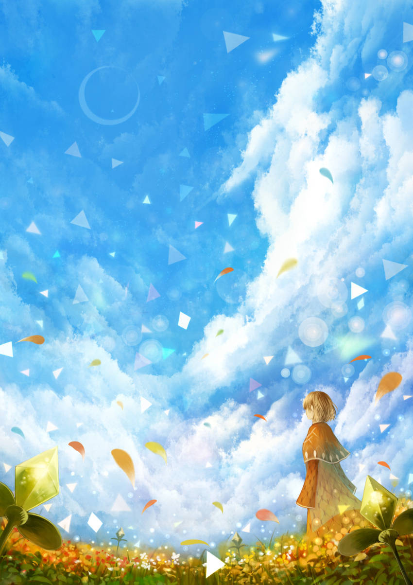 1girl blue_sky clouds cloudy_sky commentary_request crescent_moon crystal dress fantasy field flower flower_field highres long_sleeves moon orange_dress original sakimori_(hououbds) scenery short_hair sky solo