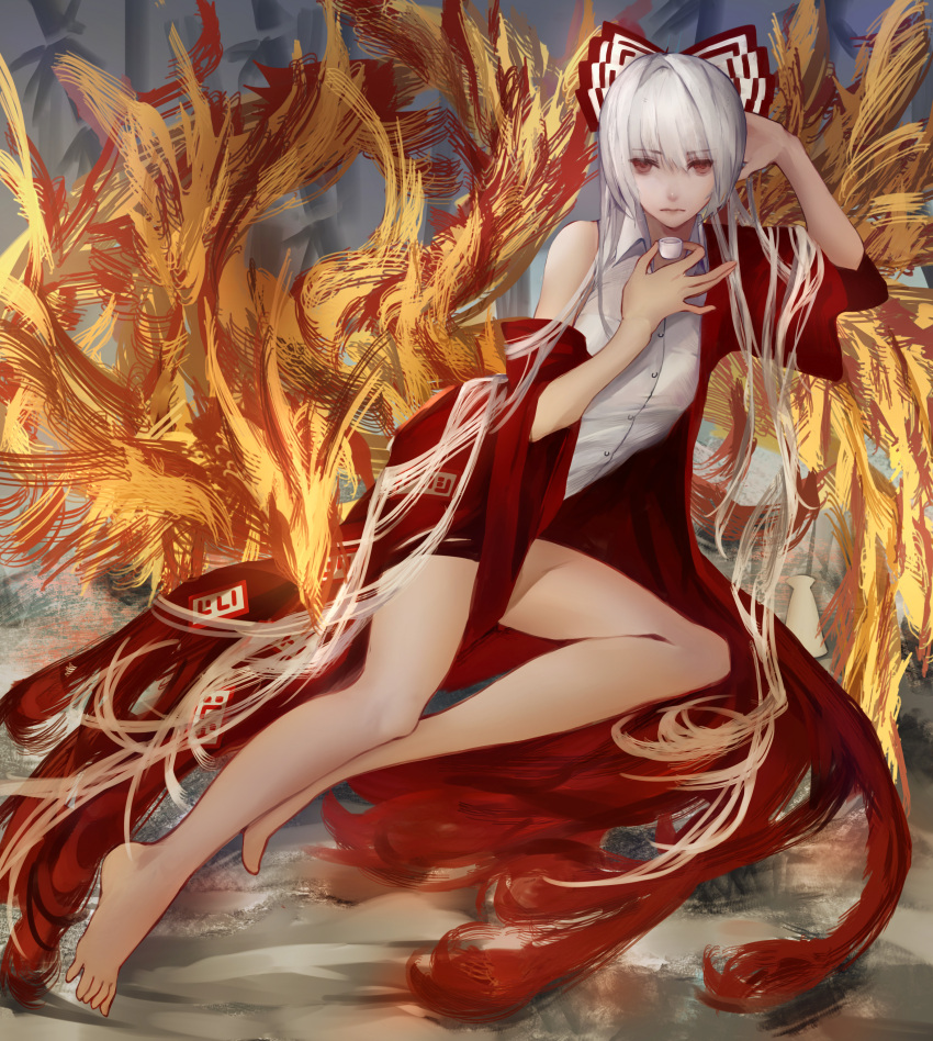 &gt;:( 1girl absurdres bangs bare_legs barefoot bow choko_(cup) closed_mouth convenient_censoring cup dress_shirt fire fujiwara_no_mokou full_body hair_bow haori highres japanese_clothes kelou long_hair looking_at_viewer off_shoulder red_eyes shirt sitting sleeveless sleeveless_shirt solo touhou very_long_hair white_hair white_shirt wide_sleeves
