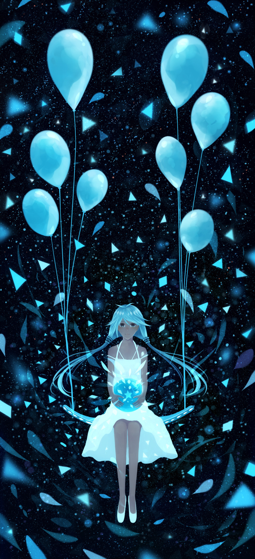 1girl absurdres balloon bare_arms bare_legs bare_shoulders blue_hair commentary_request dress fantasy highres holding light_smile long_hair looking_at_viewer night night_sky original sakimori_(hououbds) scenery shoes sitting sky smile solo sphere star_(sky) starry_sky sundress white_dress white_shoes