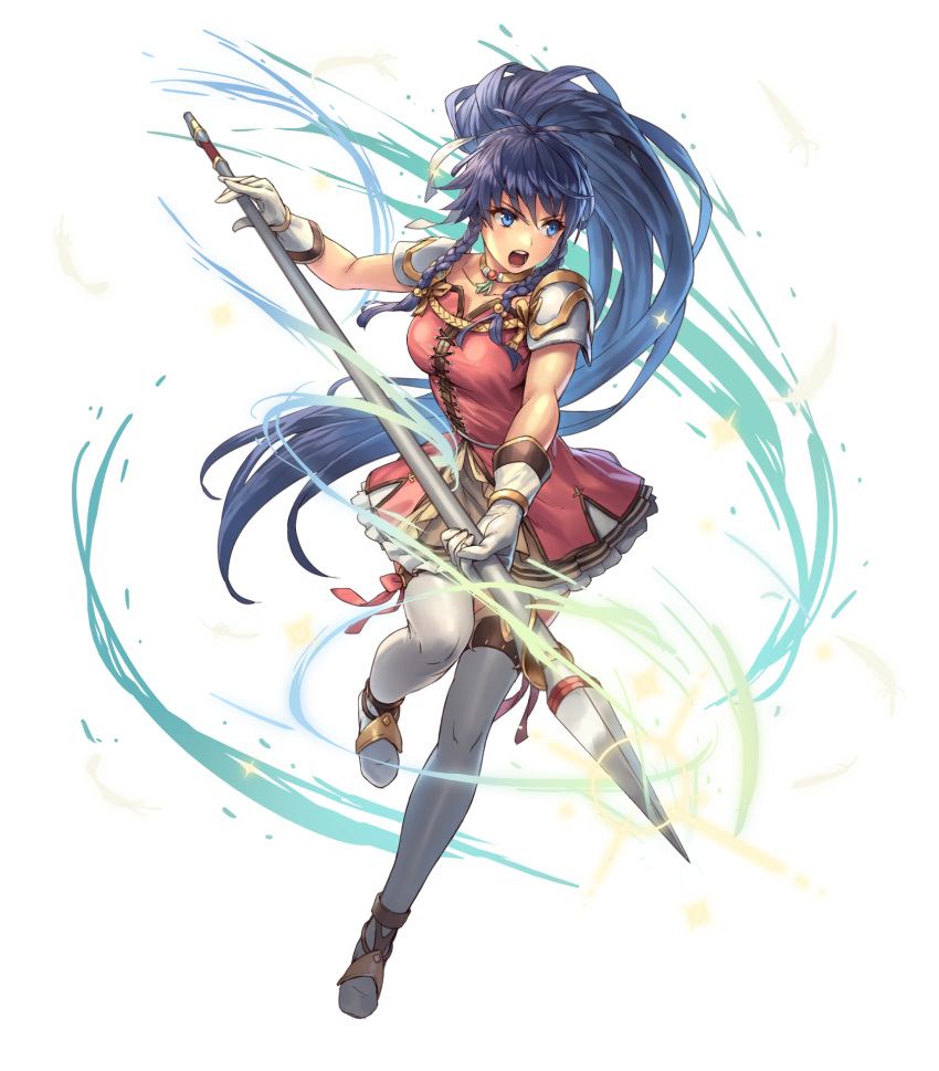 1girl armor bangs blue_eyes blue_hair boots braid collar collarbone cuboon dress eyebrows_visible_through_hair female fighting_stance fire_emblem fire_emblem:_seima_no_kouseki fire_emblem_heroes full_body gloves highres holding holding_weapon long_hair official_art open_mouth pauldrons polearm ponytail short_dress solo tana thigh-highs transparent_background weapon zettai_ryouiki