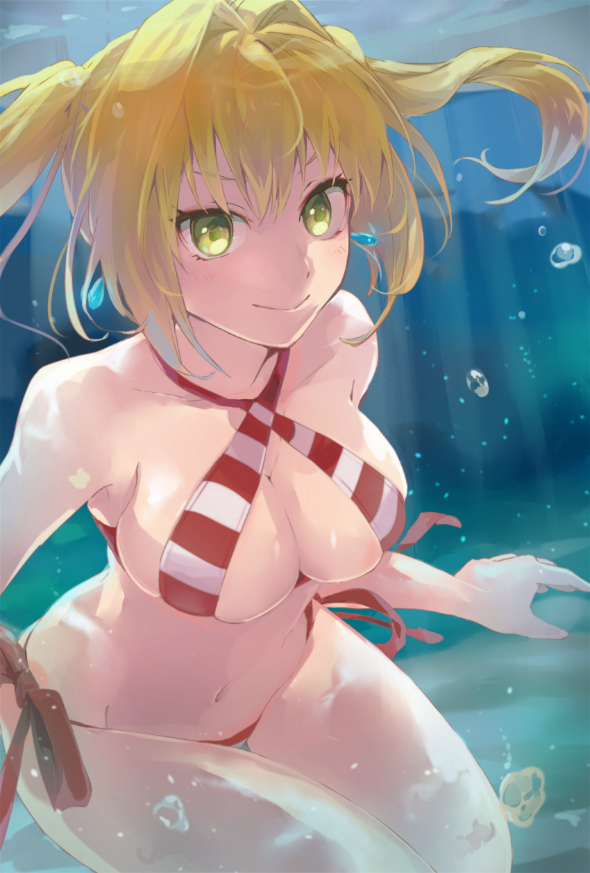 1girl bangs bikini blonde_hair blush breasts cleavage closed_mouth criss-cross_halter day fate/grand_order fate_(series) green_eyes hair_between_eyes hair_intakes halterneck highres large_breasts legs_together light_rays long_hair looking_at_viewer navel nero_claudius_(swimsuit_caster)_(fate) red_bikini sidelocks smile solo striped striped_bikini swimsuit thighs tomozero twintails underwater white_bikini