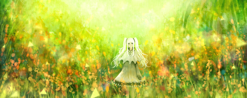 1girl bangs black_eyes closed_mouth commentary dress flower gloves grass green long_hair looking_at_viewer original sakimori_(hououbds) scenery solo standing two_side_up white_hair