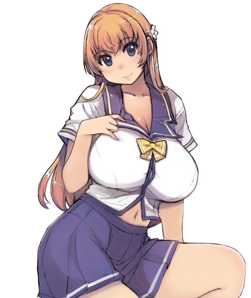 1girl blonde_hair blue_eyes blush breasts cleavage highres large_breasts long_hair looking_at_viewer mariana_princilla navel pleated_skirt reco_love_gold_beach school_uniform serafuku simple_background skirt smile solo white_background xration