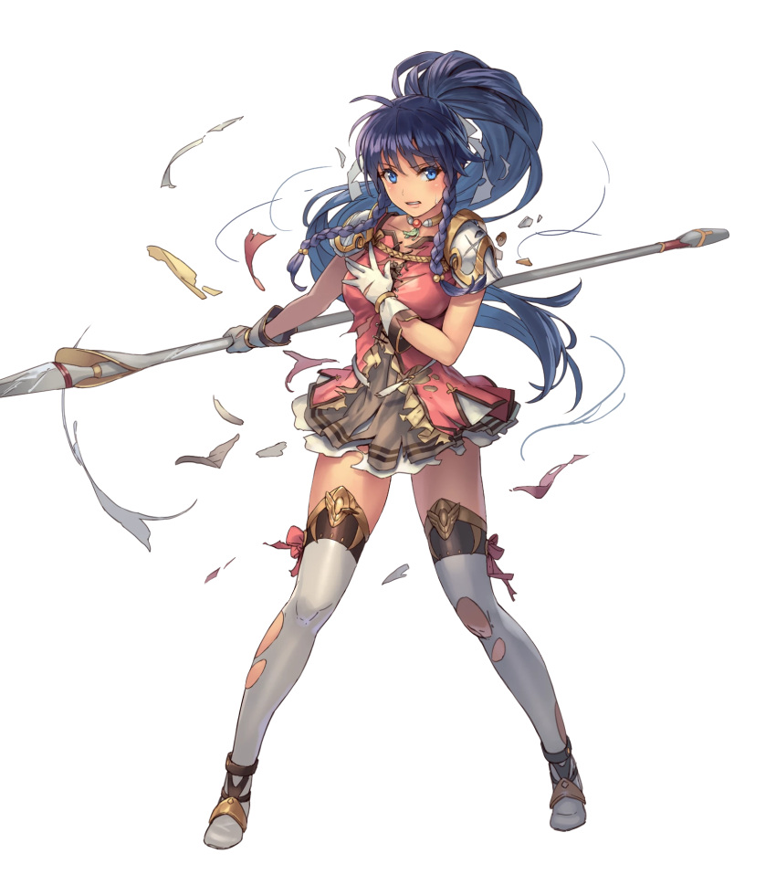 1girl armor bangs blue_eyes blue_hair boots braid broken broken_armor broken_weapon collar collarbone cuboon dress eyebrows_visible_through_hair female fire_emblem fire_emblem:_seima_no_kouseki fire_emblem_heroes full_body gloves high_ponytail highres holding holding_weapon long_hair looking_at_viewer official_art pauldrons polearm ponytail short_dress shoulder_armor skirt solo spear tana thigh-highs thigh_boots torn_clothes transparent_background twin_braids weapon white_gloves zettai_ryouiki