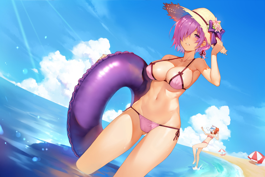 2girls arm_up bangs beach bikini blue_sky breasts cleavage clouds cloudy_sky collarbone day dutch_angle eyebrows_visible_through_hair fate/grand_order fate_(series) fou_(fate/grand_order) fujimaru_ritsuka_(female) hair_over_one_eye hand_on_headwear hat highres hips holding innertube large_breasts light_rays light_smile multiple_girls navel ocean on_head orange_hair outdoors parted_lips purple_bikini purple_hair shielder_(fate/grand_order) short_hair sky smile solo_focus straw_hat sun_hat sunbeam sunlight swimsuit thighs umbrella violet_eyes wading yykuaixian