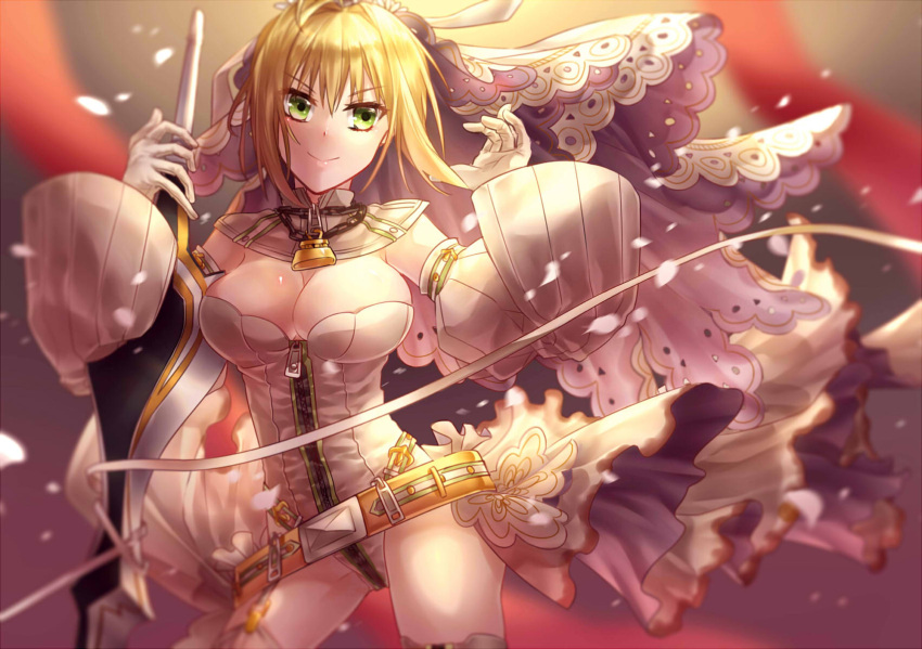 &gt;:) 1girl ahoge bangs beltskirt blonde_hair breasts chains cleavage closed_mouth cowboy_shot detached_sleeves fate/extra fate/extra_ccc fate_(series) gloves green_eyes hair_intakes highres large_breasts leotard lock long_sleeves looking_at_viewer padlock petals saber_bride saber_extra smile solo veil white_gloves wide_sleeves yuu+1 zipper