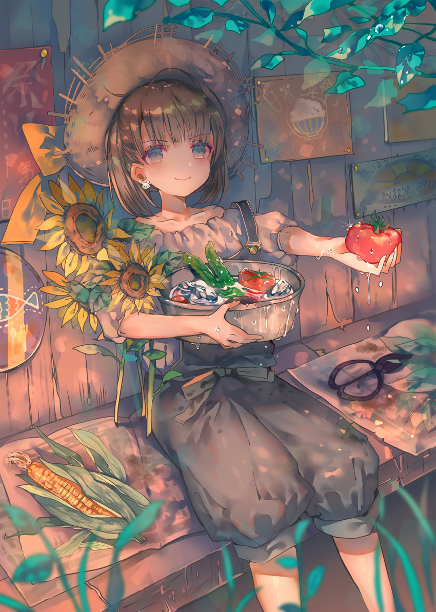 1girl blue_eyes blush brown_hair cha_goma collarbone corn cucumber eyebrows_visible_through_hair flower food hat highres holding holding_food looking_at_viewer original puffy_short_sleeves puffy_sleeves short_hair short_sleeves sitting smile solo straw_hat sunflower tomato
