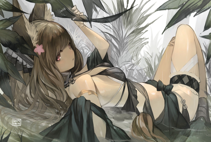 1girl animal_ears arm_support arm_up bangs black_bikini_top breasts brown_hair dated eyebrows_visible_through_hair fog fox_ears fox_tail highres knees_up long_hair looking_at_viewer looking_back lying medium_breasts on_back original outdoors parted_lips partially_submerged plant rayvon solo tail thigh_strap violet_eyes white_bikini_top